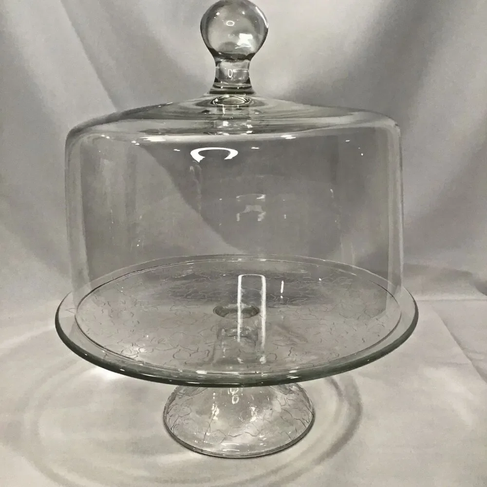 Vintage Heavy Pedestal Glass Etched Cake Stand with Glass Dome